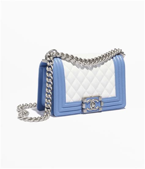 chanel boy calf leather|Small boy chanel handbag, Calfskin & silver metal, white & blue .